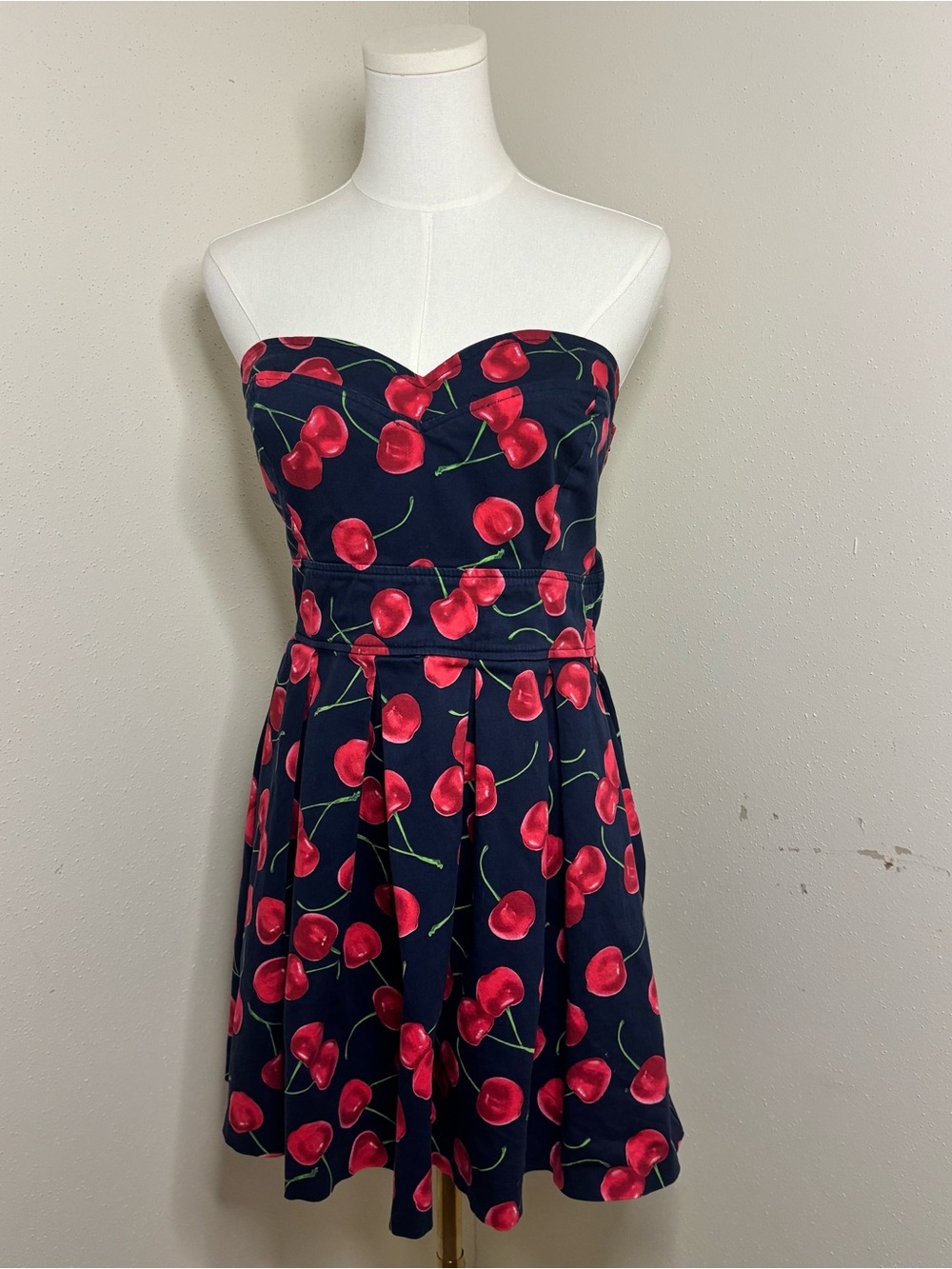 IXIA LARGE Strapless Navy Dress with Red Cherry Print - Vintage Style